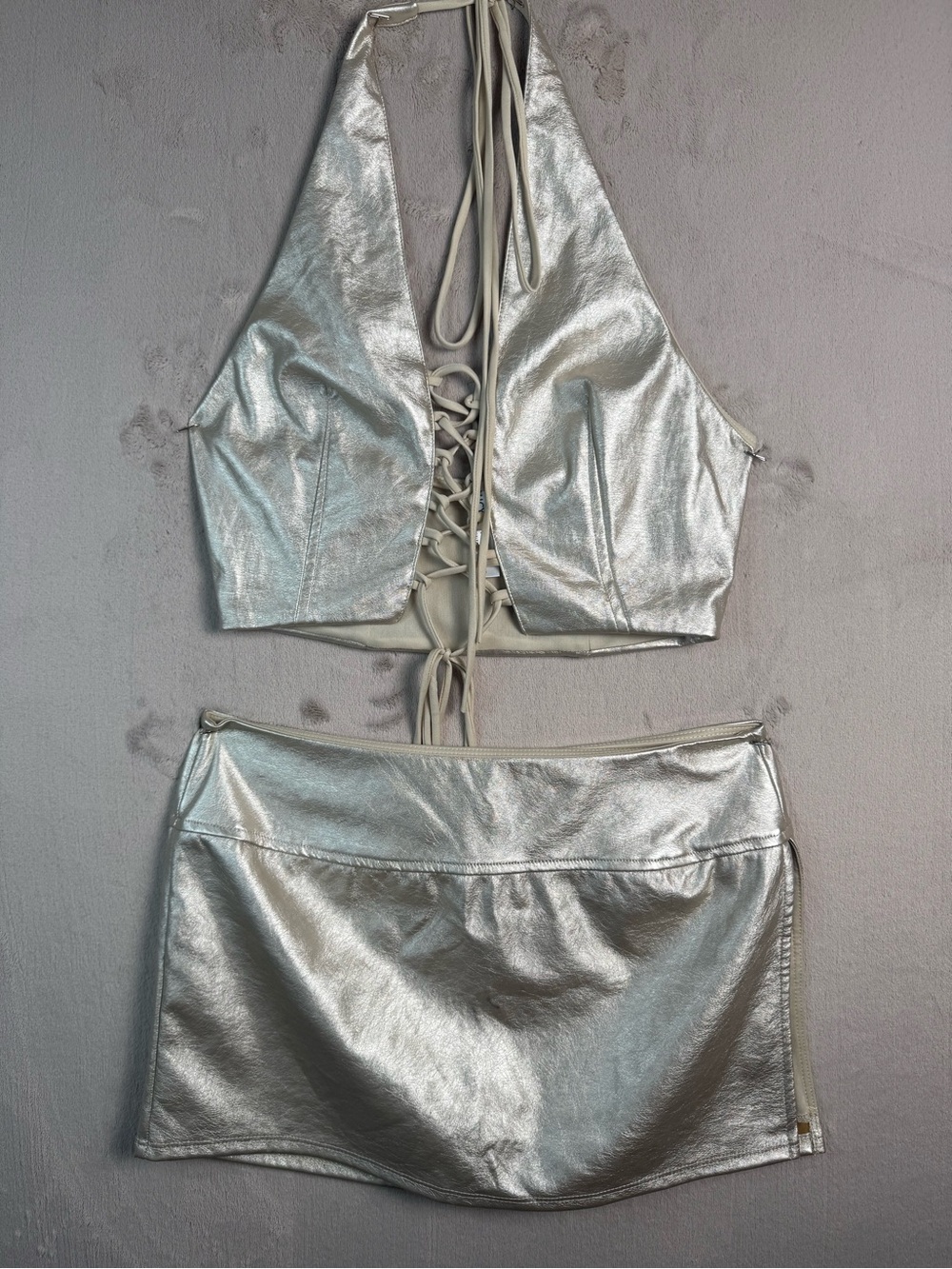 Lucy in the Sky Gold Metallic Halter Mini Skirt Set Y2K Festival M